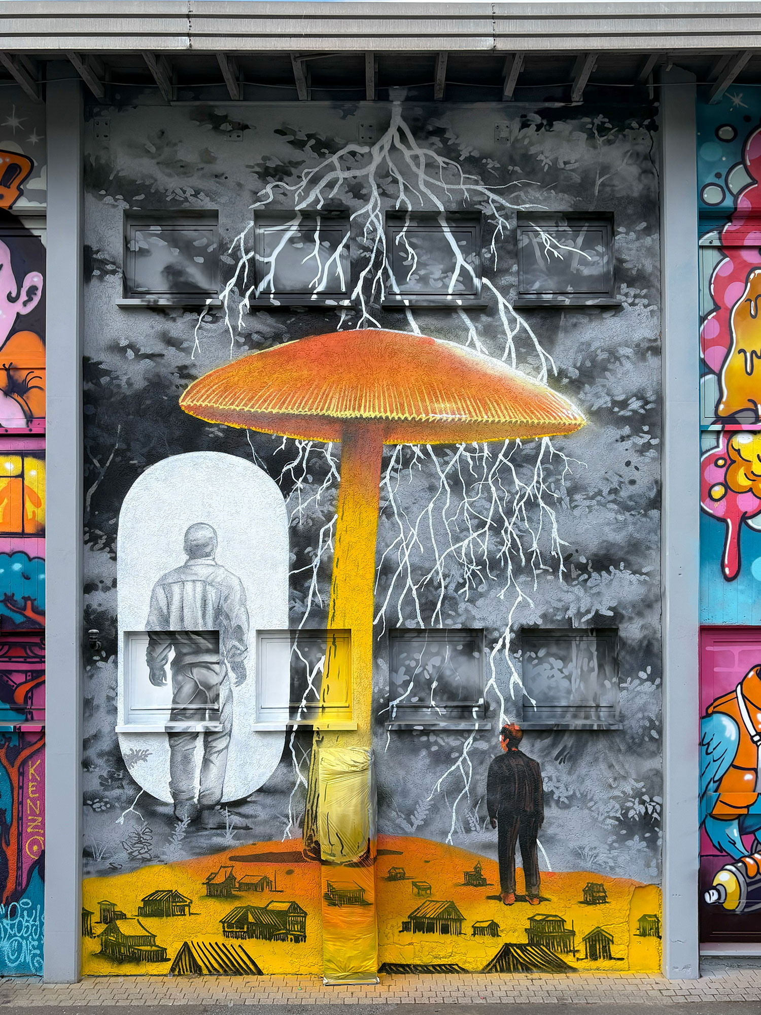 Mushroom mycelium facade mural in Luxembourg by BRAND Urban Art