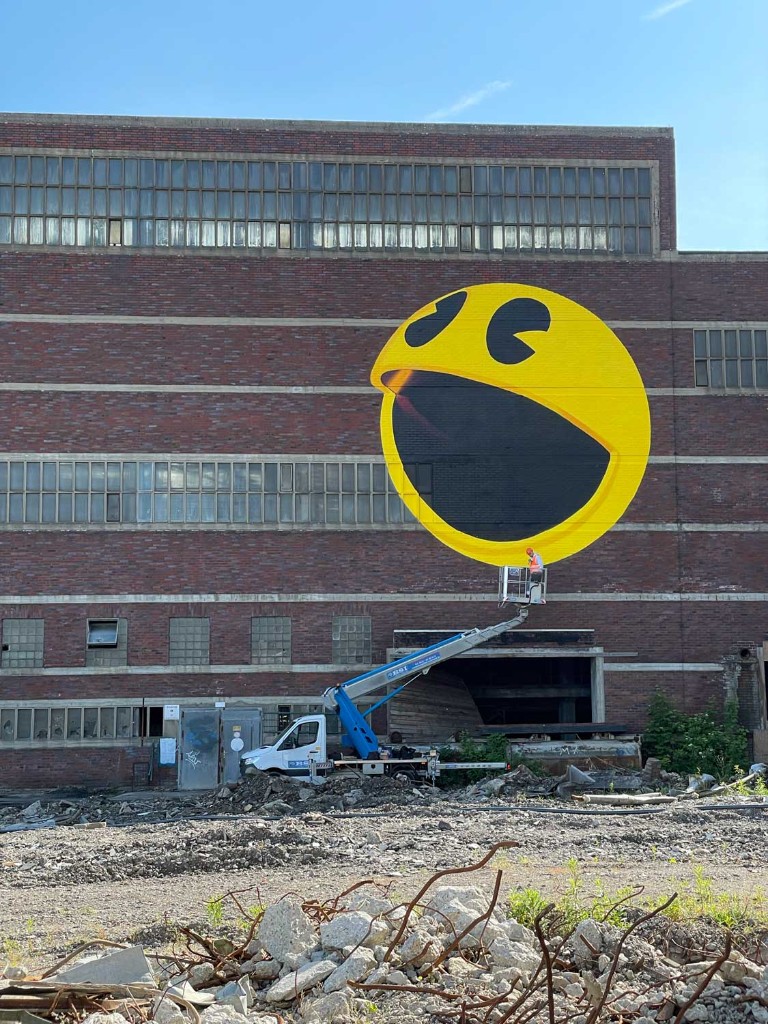 PAC-MAN mural on industrial facade at Zeche Westerholt by BRAND Urban Art