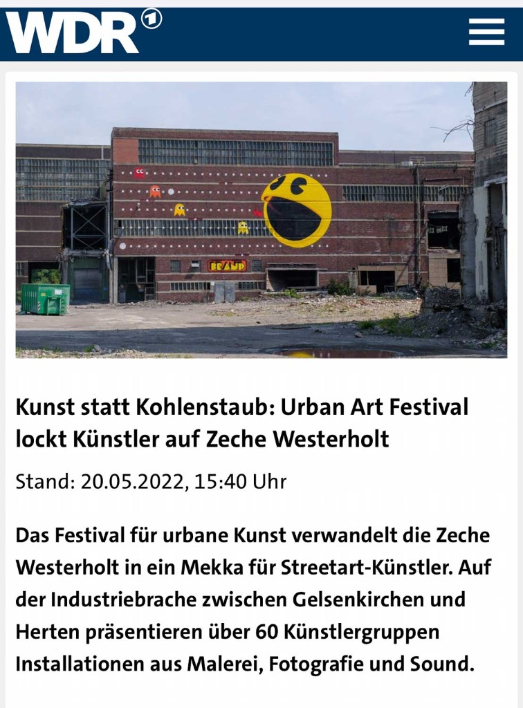 PAC-MAN mural on industrial facade at Zeche Westerholt by BRAND Urban Art