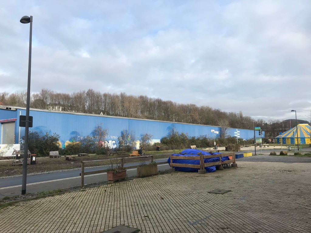 Brandhalle facade intervention at Mirker Bahnhof Utopiastadt in Wuppertal by BRAND Urban Art
