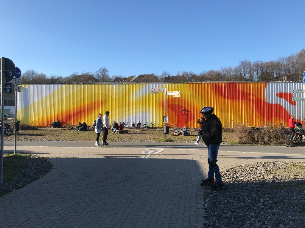 Brandhalle facade intervention at Mirker Bahnhof Utopiastadt in Wuppertal by BRAND Urban Art